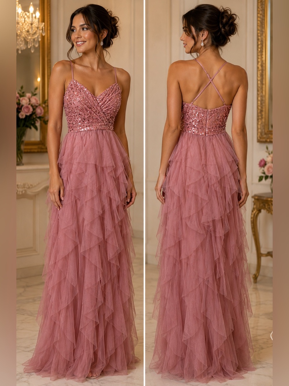 Luvistrue Rose Pink Sequin Bodice Tiered Ruffle Tulle Prom Gown Size Small NWOT